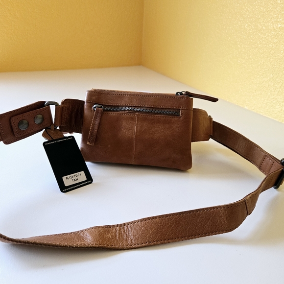 SPIKES & SPARROW Genuine Leather Front Pocket Big Waist Belt Bag Fanny Pack Tan - Picture 6 of 16